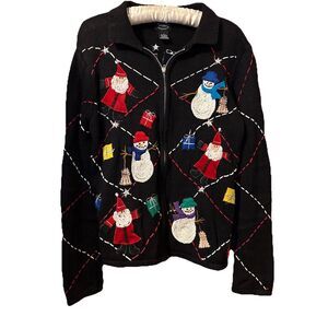 Designer Originals STUDIO Black Christmas Sweater Ugly Sz M Zippered Embroidered